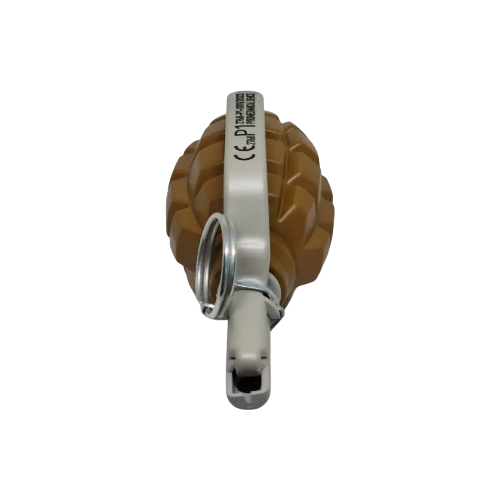 Pyrosoft airsoft grenade with peas filler and safety lever detail